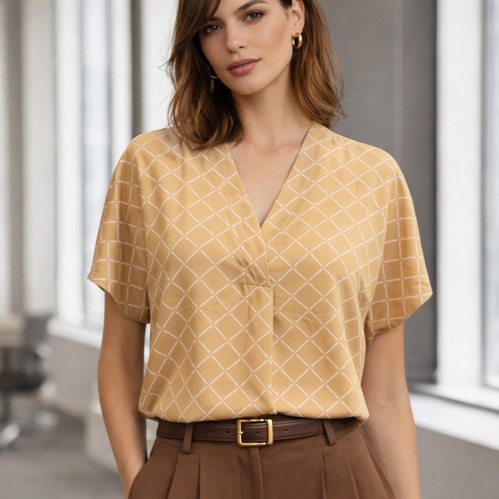 Ann Taylor NWT Medium Tan Windowpane V Neck Blouse Short Sleeve Retail $59.50